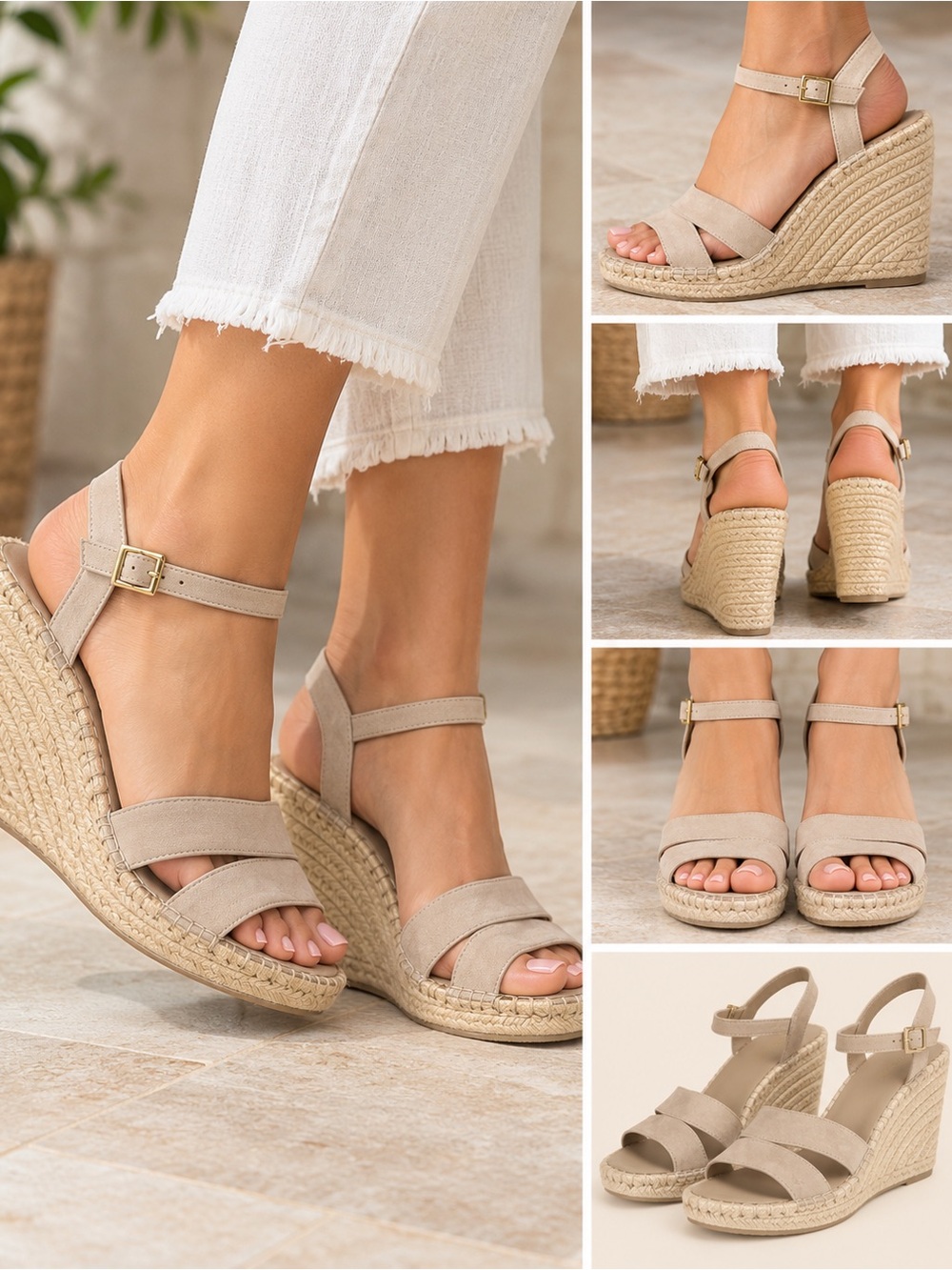 Vince Beige Suede Espadrille Wedge Sandals with Ankle Strap